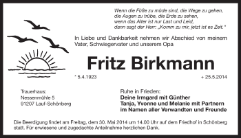Traueranzeige von Fritz Birkmann von Pegnitz-Zeitung